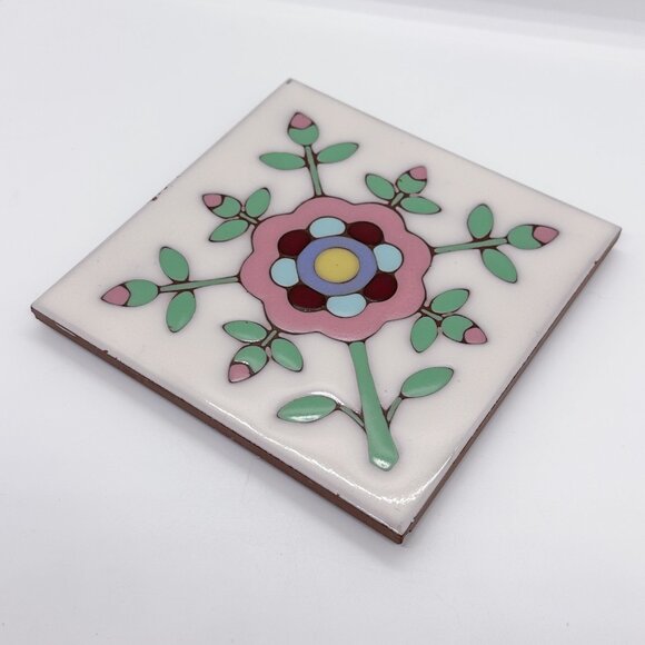 SOLD Vtg Enamel Ceramic Trivet Tile Wall Hanging Folk Art Handmade Floral - Picture 3 of 4